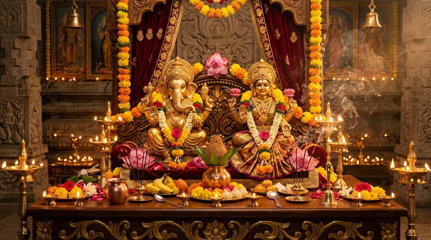 Sacred Vedic Altar with Lord Ganesha and Mata Lakshmi